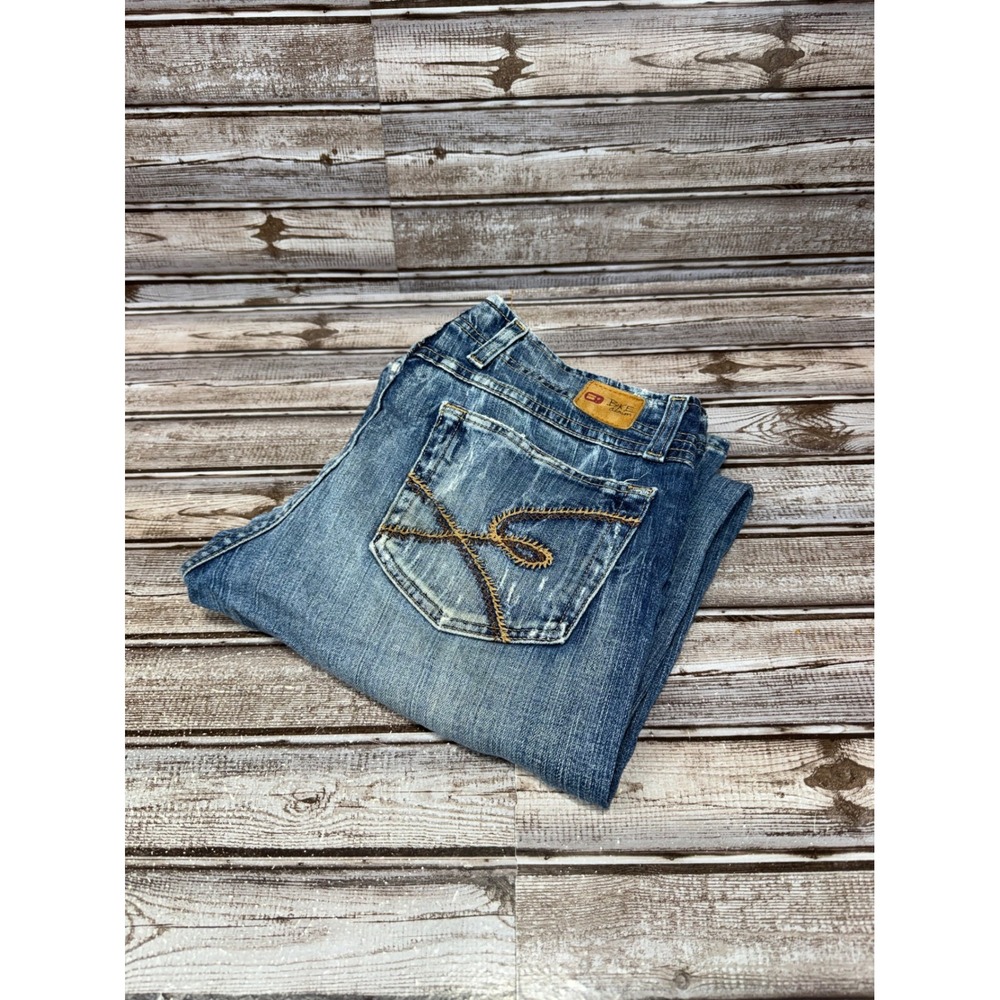 BKE Harlow Stretch Jeans Women 33 Blue Bootcut Distressed Whiskered Denim